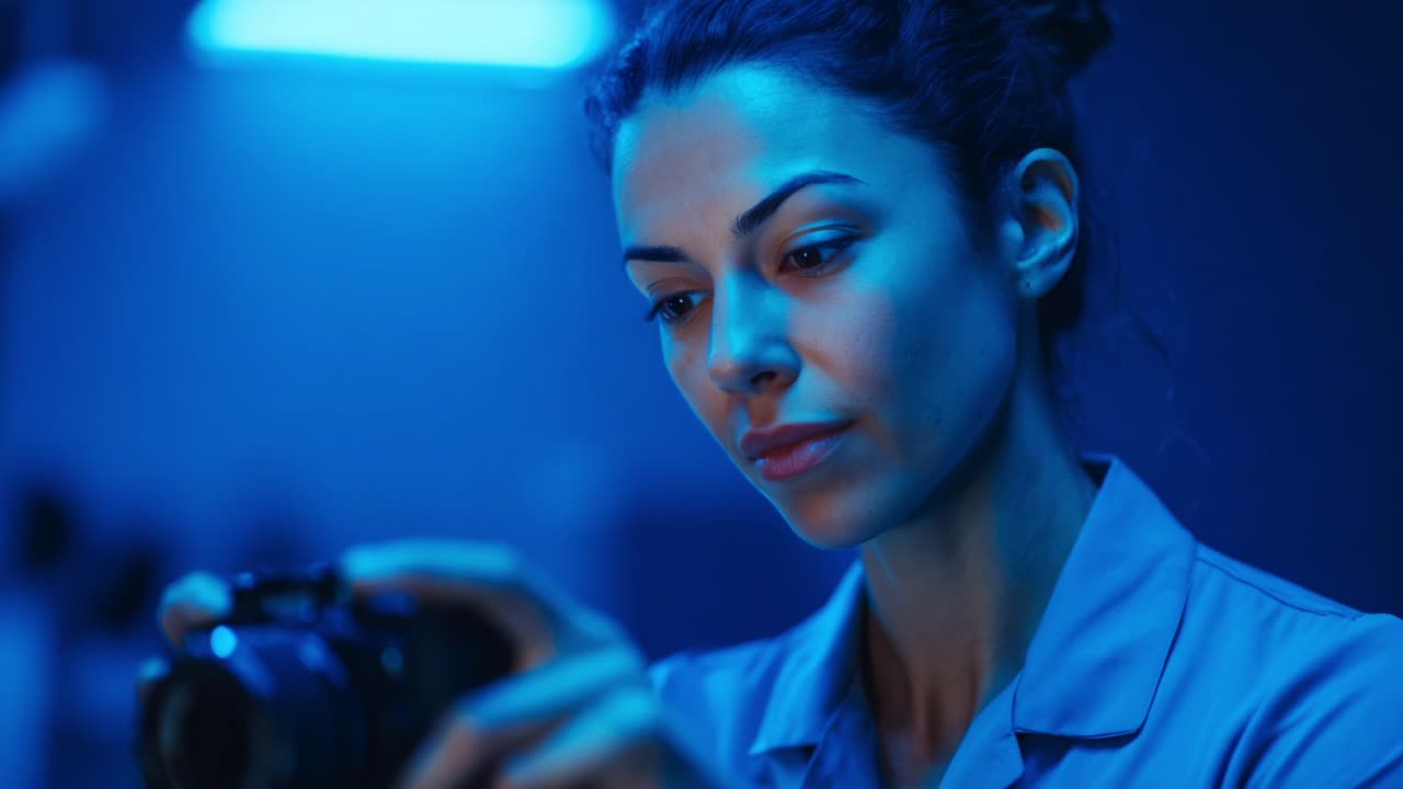 A focused woman examines her camera in a dimly lit room filled with blue light, showcasing her concentration and passion for photography as she prepares to capture stunning visuals