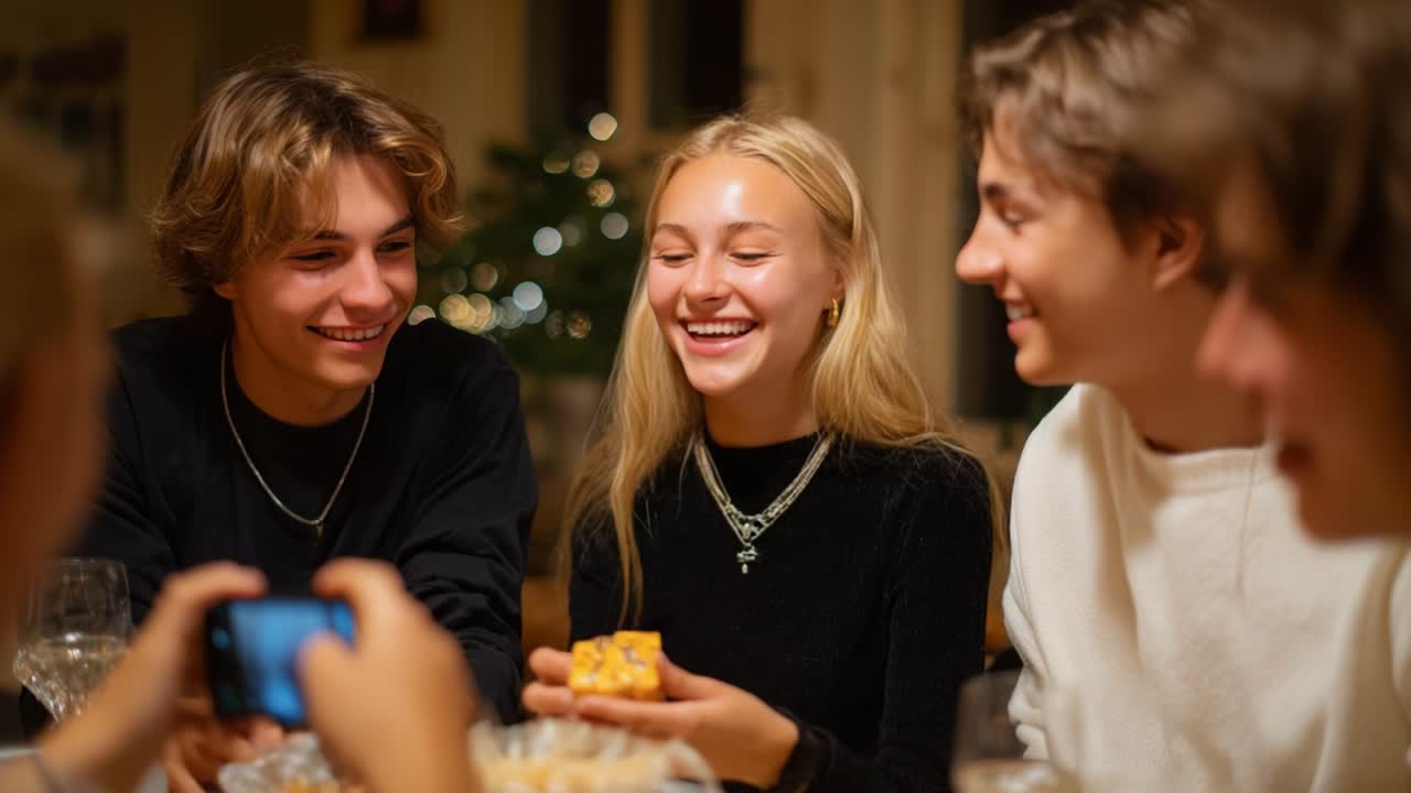 A joyful gathering of friends sharing laughter and food, capturing memorable moments during a cozy evening celebration filled with cheer, smiles, and the warmth of companionship