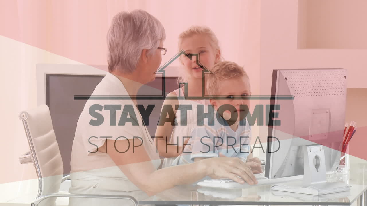 анимация слов оставаться дома и остановить распространение написано над пожилой женщиной и двумя детьми