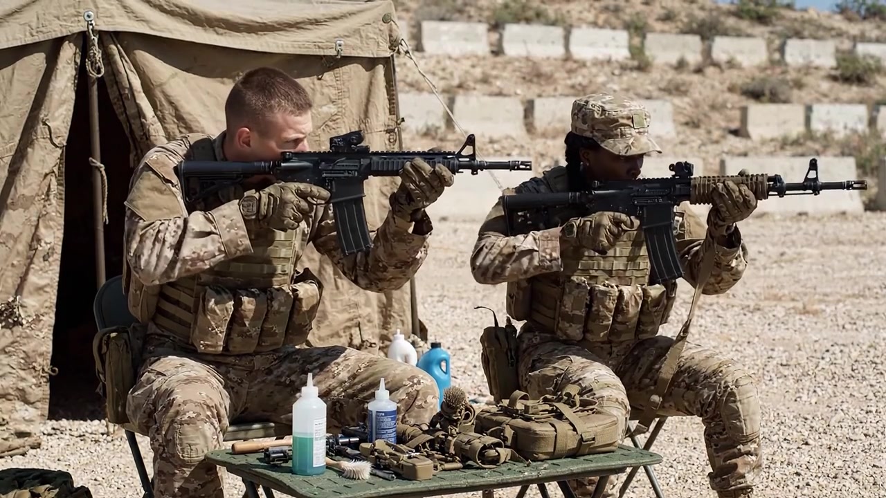 Personale militare che prepara e mira armi in un ambiente di addestramento all'aperto, focalizzato sulla precisione e sulle misure di sicurezza durante esercitazioni tattiche.