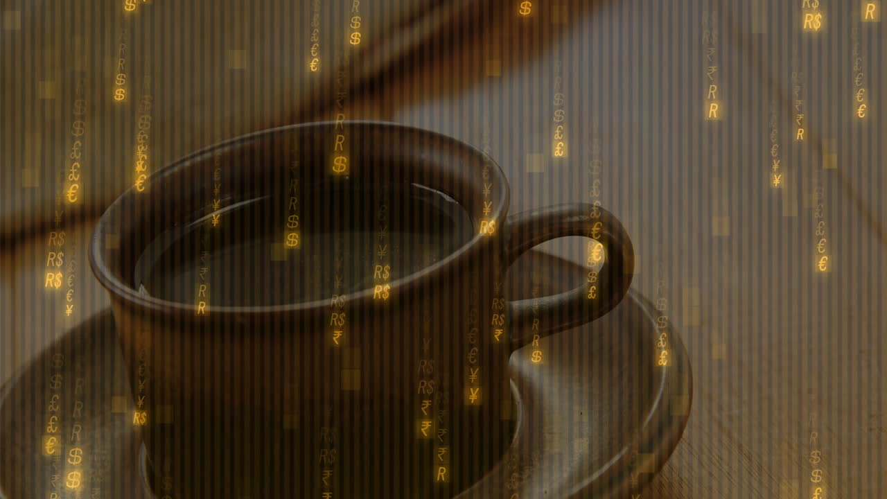Brown ceramic coffee cup resting on saucer, table streaming golden currency symbols in flat design