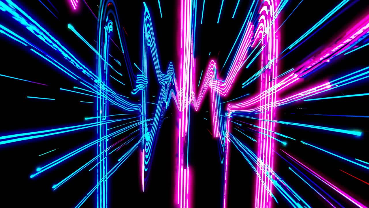 Dynamic video of neon light trails in vibrant pink and blue, captured from a front-facing angle