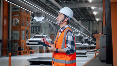 vista lateral de un ingeniero masculino asiático con casco de seguridad tomando nota en la tableta y mirando a su alrededor mientras está de pie en la fábrica de automóviles ev