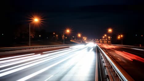 capturing light trails from fast moving cars on a highway at night, illuminated by glowing street lights, showcases the dynamic energy of urban traffic and movement