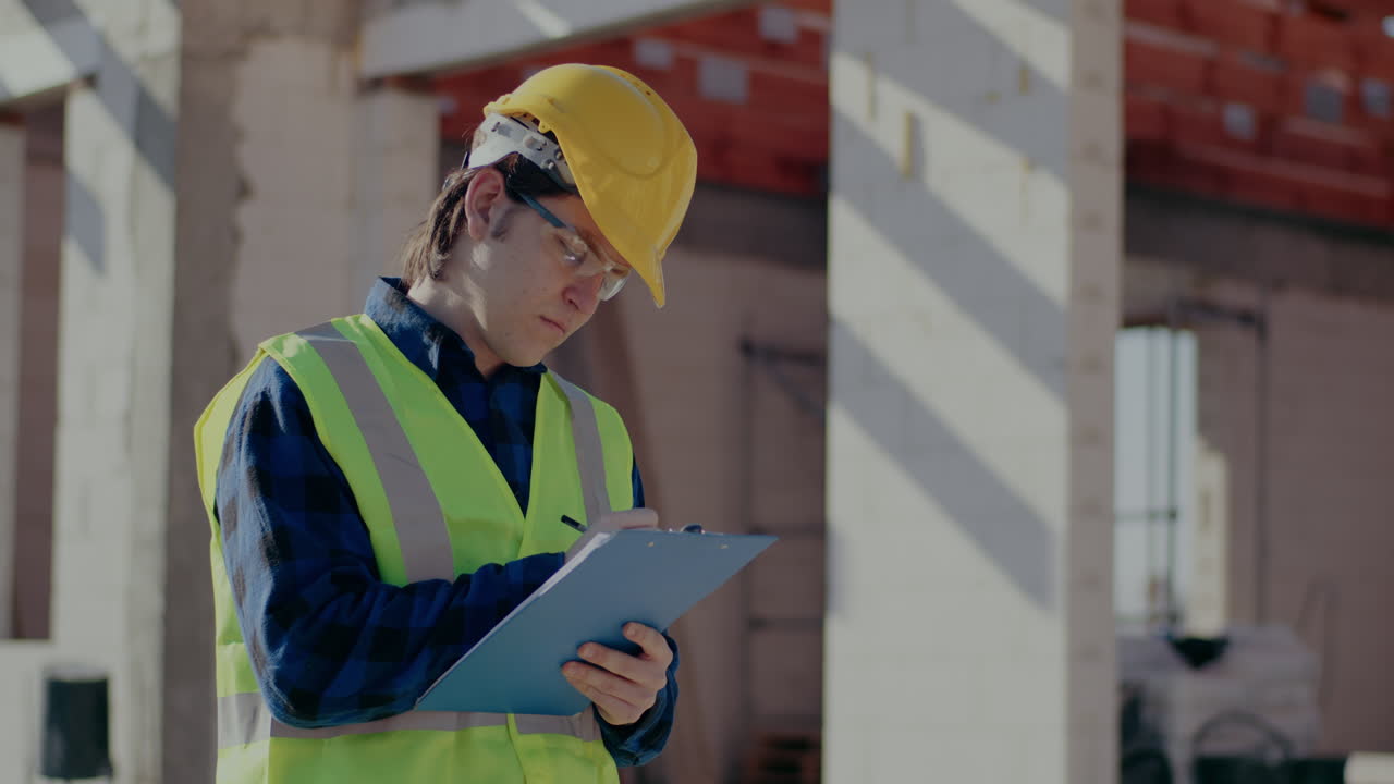 Confident young male worker wearing hardhat and reflective clothing writing on clipboard at construction site on sunny day