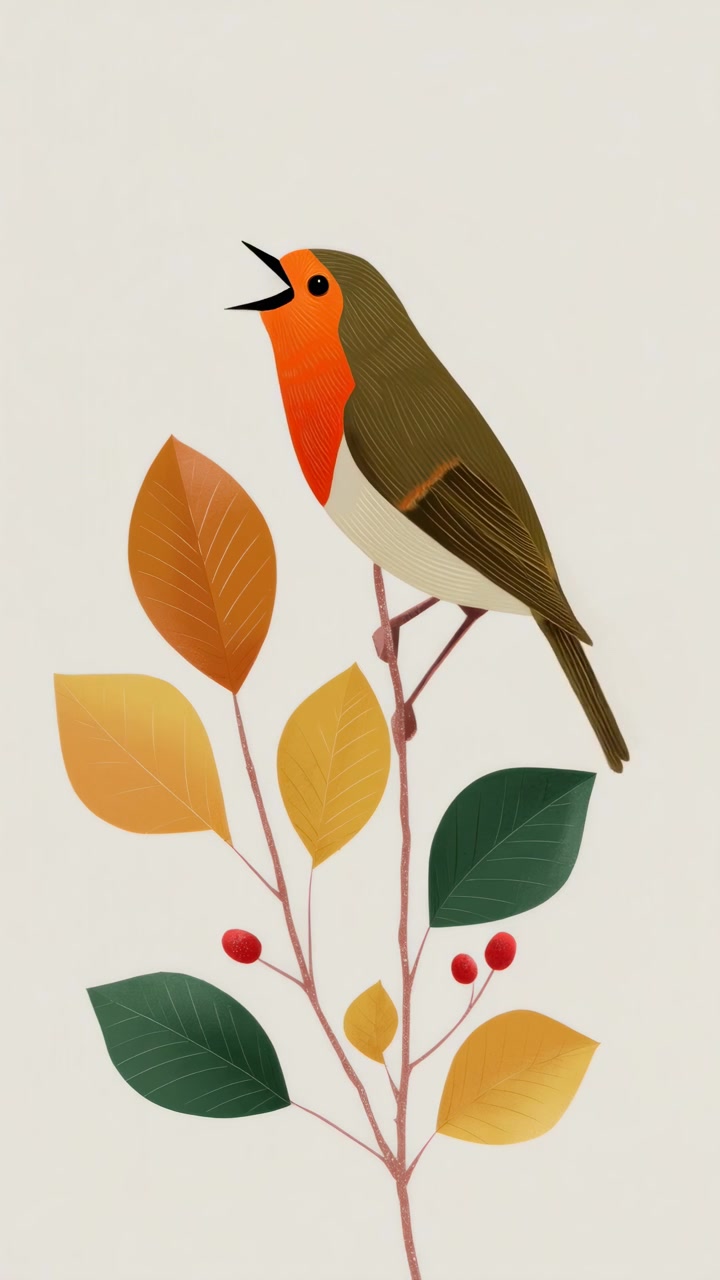 Ilustração Animada de um Pisco Cantando Empoleirado num Galho