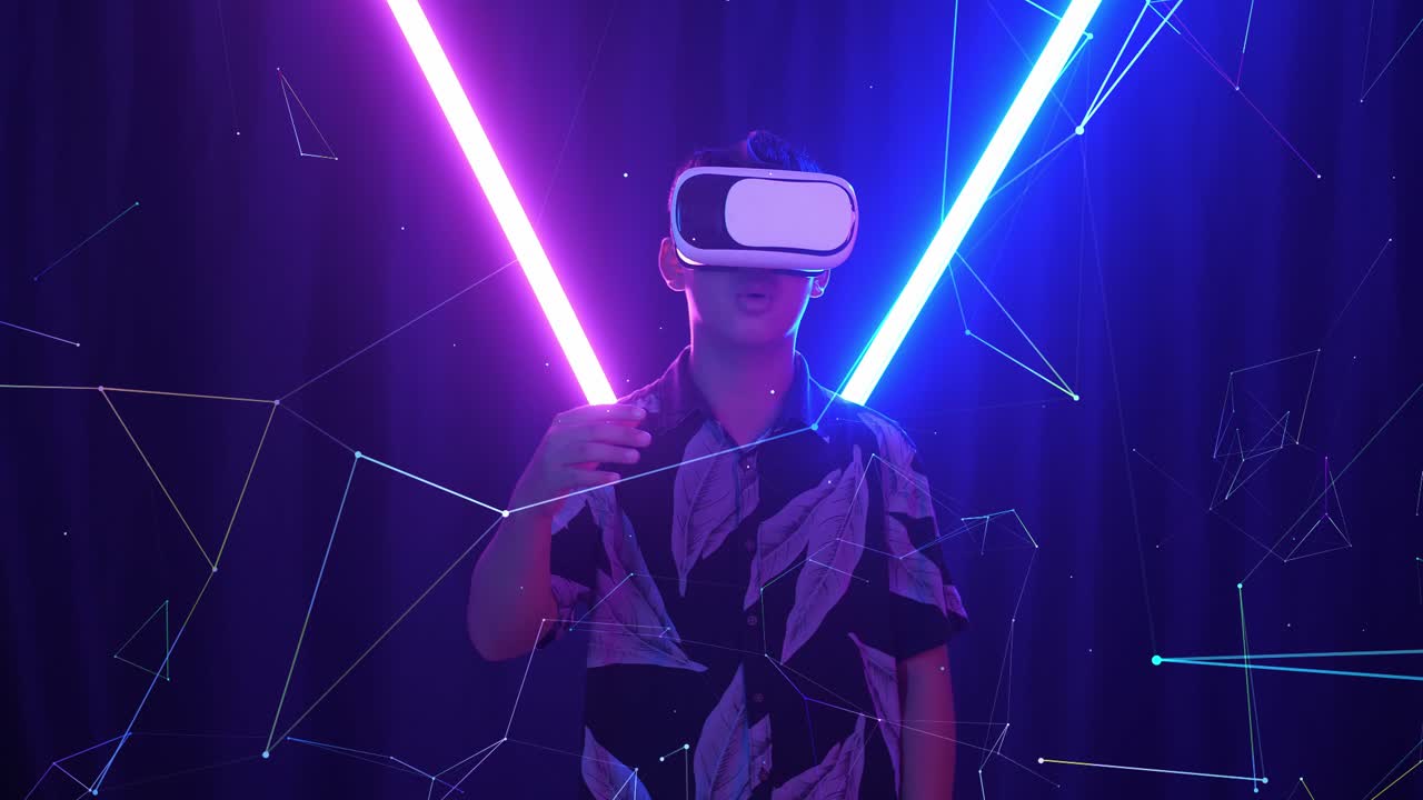 Vr, Futuristic, Entertainment Concept. Excited Asian Boy Using Virtual Reality Headset And Use Hand Slide With Neon Light At The Background