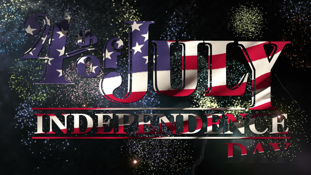 texto del 4 de julio con una bandera estadounidense y fuegos artificiales