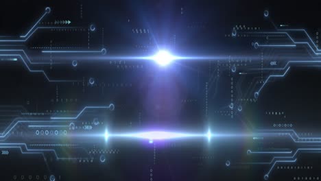 Animation-of-lens-flares-over-illuminated-circuit-board-pattern-and-binary-codes-on-black-background