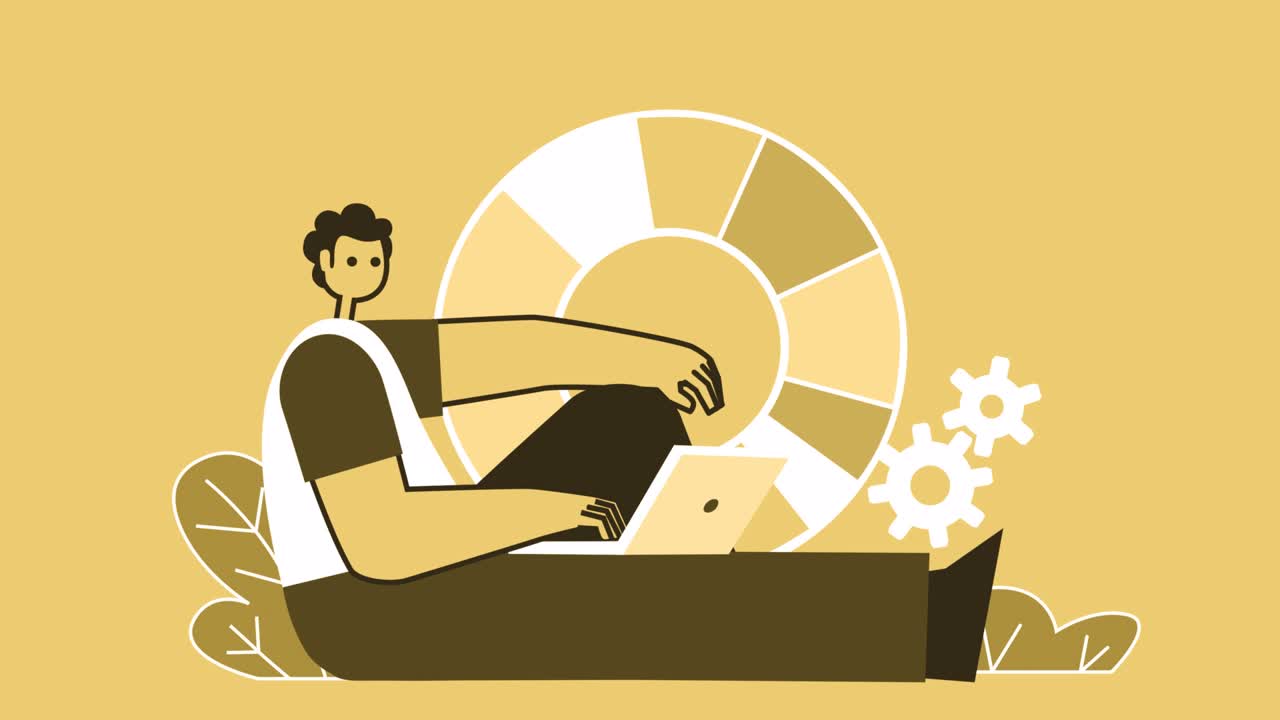 노란색 스타일의 남자 평평한 캐릭터는 노트북과 함께 앉아 일합니다. 알파 채널과 함께 고립 된 애니메이션