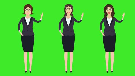 set of 3 business women, hello welcoming gesturing by hand, cartoon animation, green screen chroma key