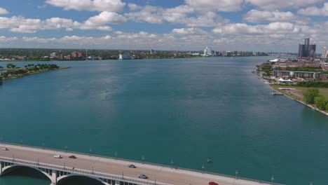 Establishing-shot-of-the-Douglas-MacArthur-Bridge-over-the-Detroit-river