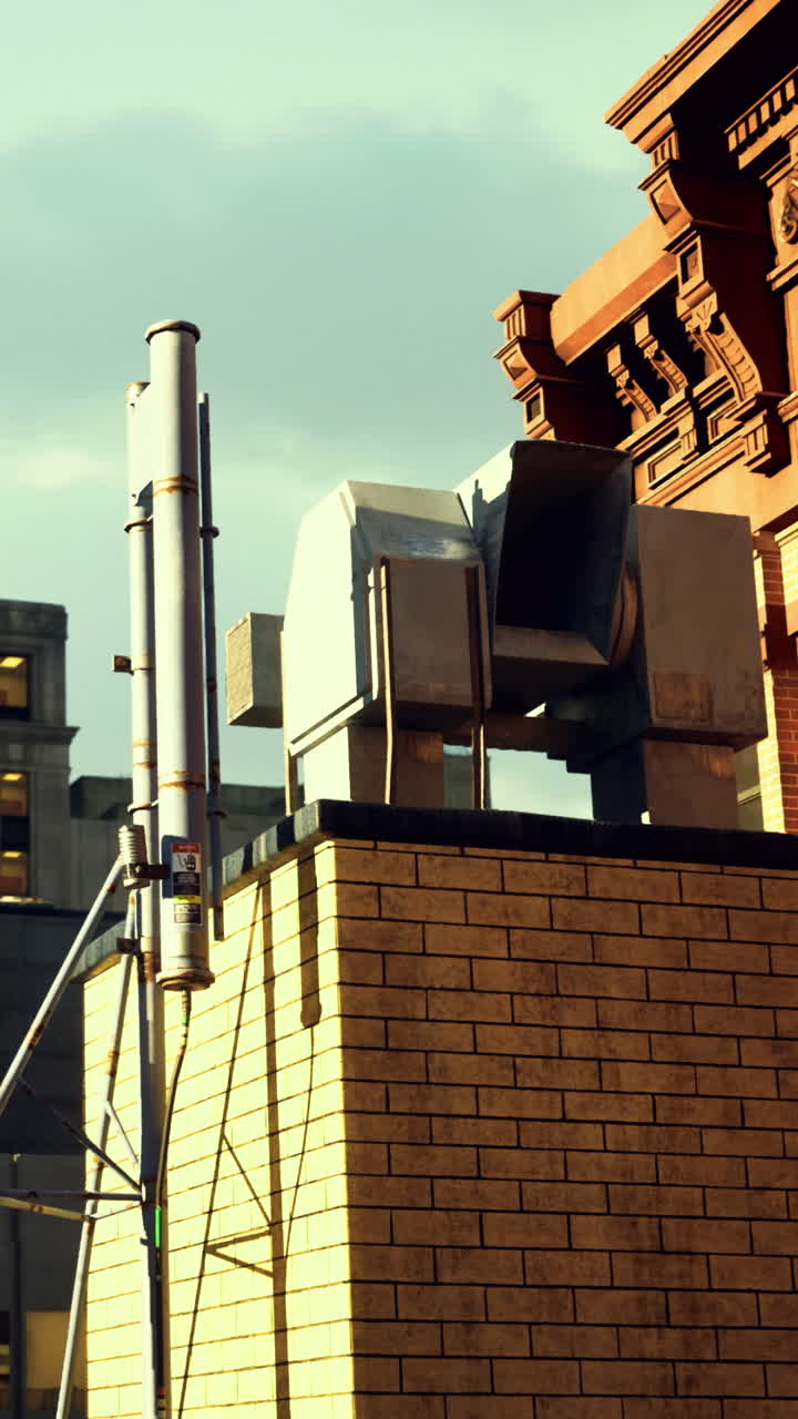 Ventilation system catching sunlight on a city roof during late afternoon hours