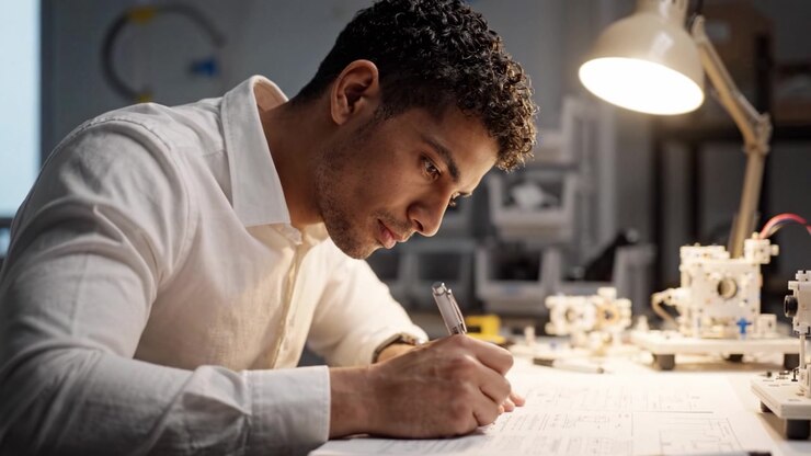 Focused Young Man Dedicating Time to Engineering Drawings in a Well-Lit Workspace with Technical Instruments and Tools for Innovation and Creation