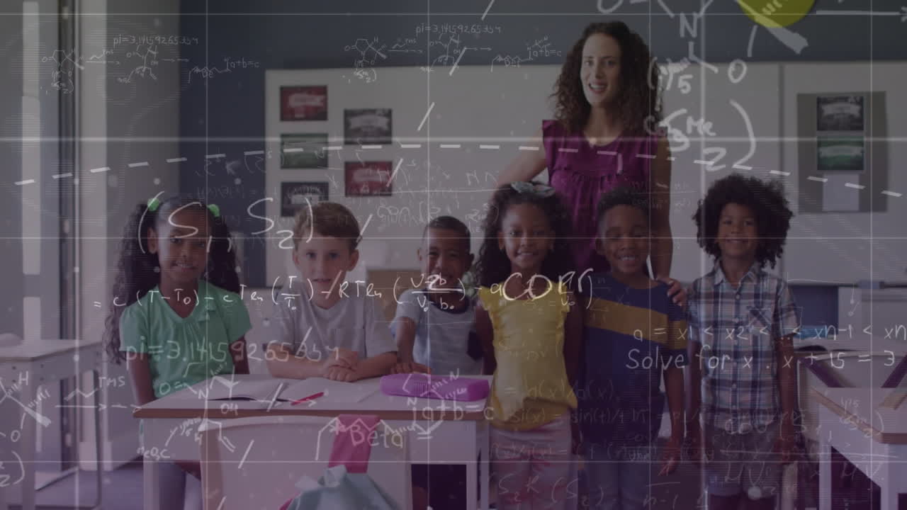 animación de datos matemáticos sobre diversos escolares y maestras en el aula