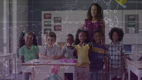 animation of mathematical data over diverse schoolchildren and female teacher in classroom
