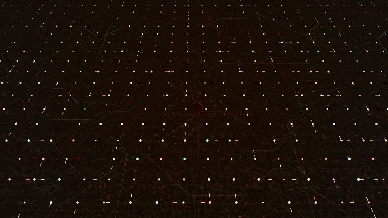 Abstract digital lines randomly moving among spots in a dark technological space. Animation. Flowing narrow stripes in a grid, seamless loop