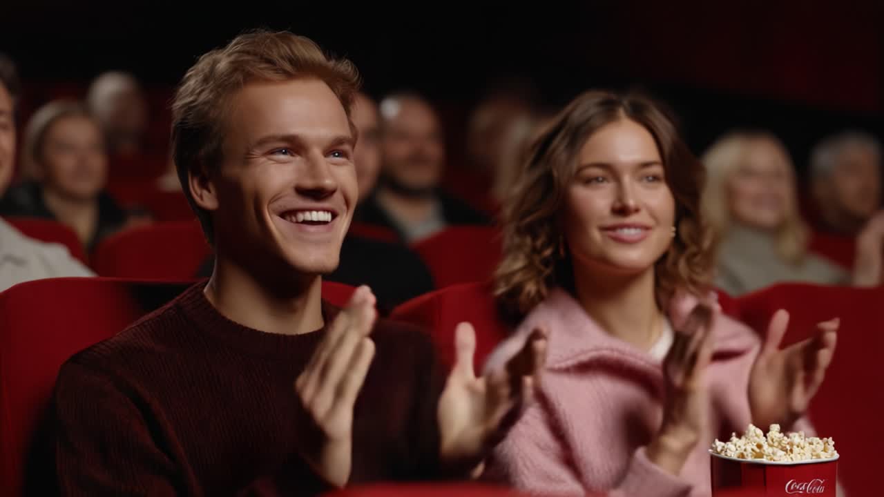 Joyful Moments at the Cinema: A Couple Applauds Enthusiastically After an Engaging Film Experience, Capturing the Essence of Cinema's Emotional Impact