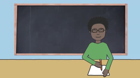 Animation-of-illustration-of-schoolboy-sitting-at-desk-and-writing-with-blackboard-in-background