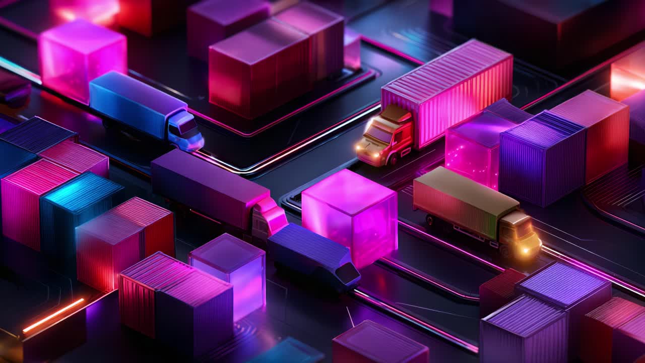 A Vibrant Quantum Transportation Network Displaying Futuristic Trucks and Colorful Cargo Containers Amidst a Digital Landscape of Neon Lights and Interconnected Pathways