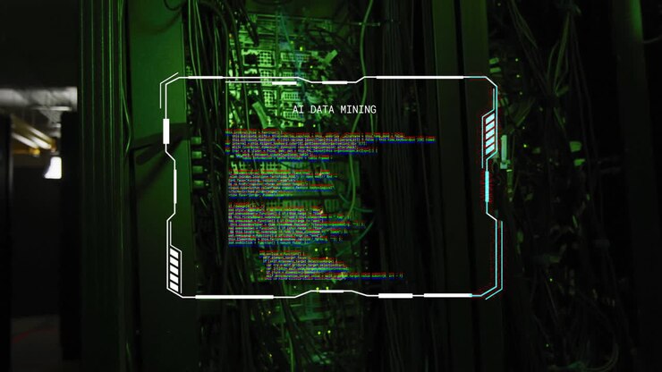 Data processing animation over server room with green lighting