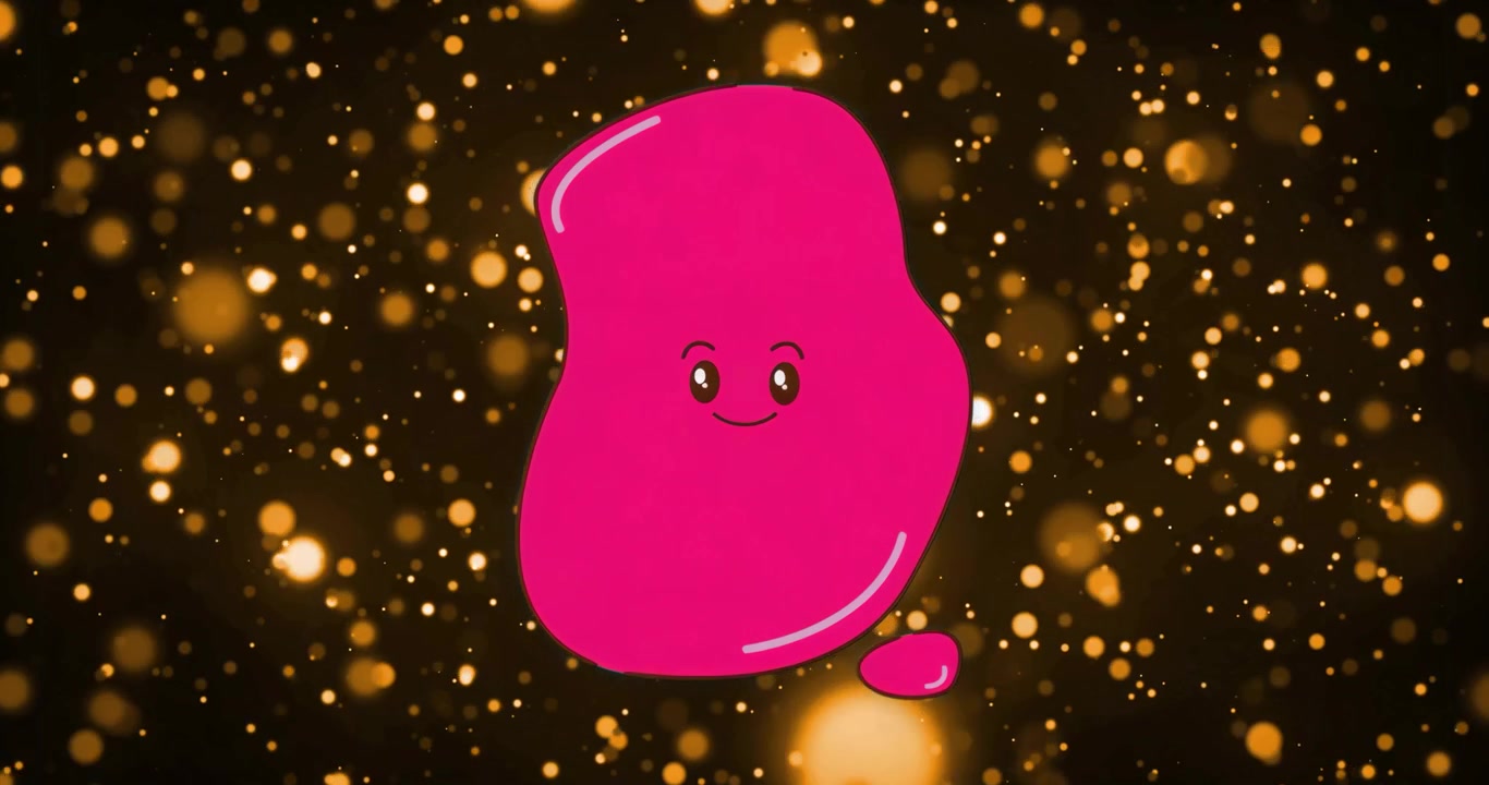 All'inizio, una forma rosa saluta gli spettatori, un sorriso aperto si trasforma in un ghigno a occhi chiusi tra luci dorate.