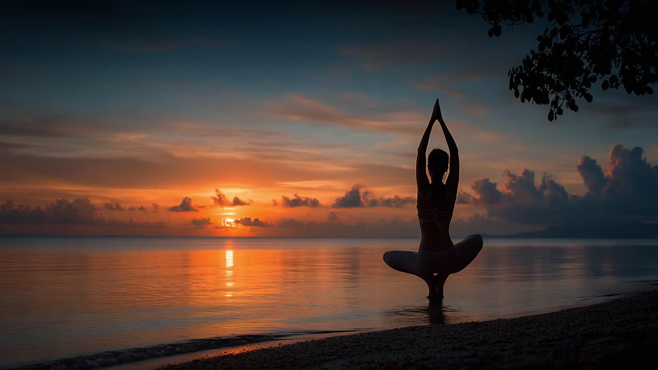 Serenity at Dusk: A Woman Practicing Yoga on the Beach as the Sun Sets, Embracing Peace and Tranquility in Nature's Embrace