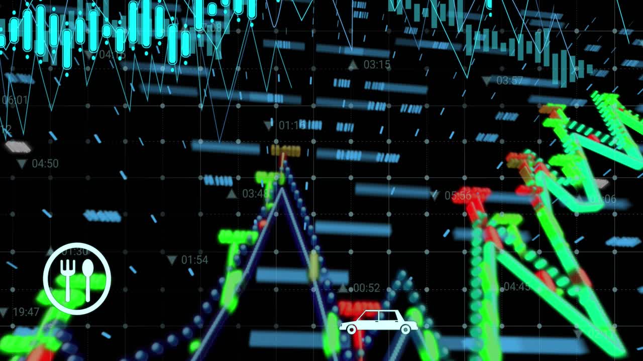 Animation of financial data processing and digital icons over grid network against black background