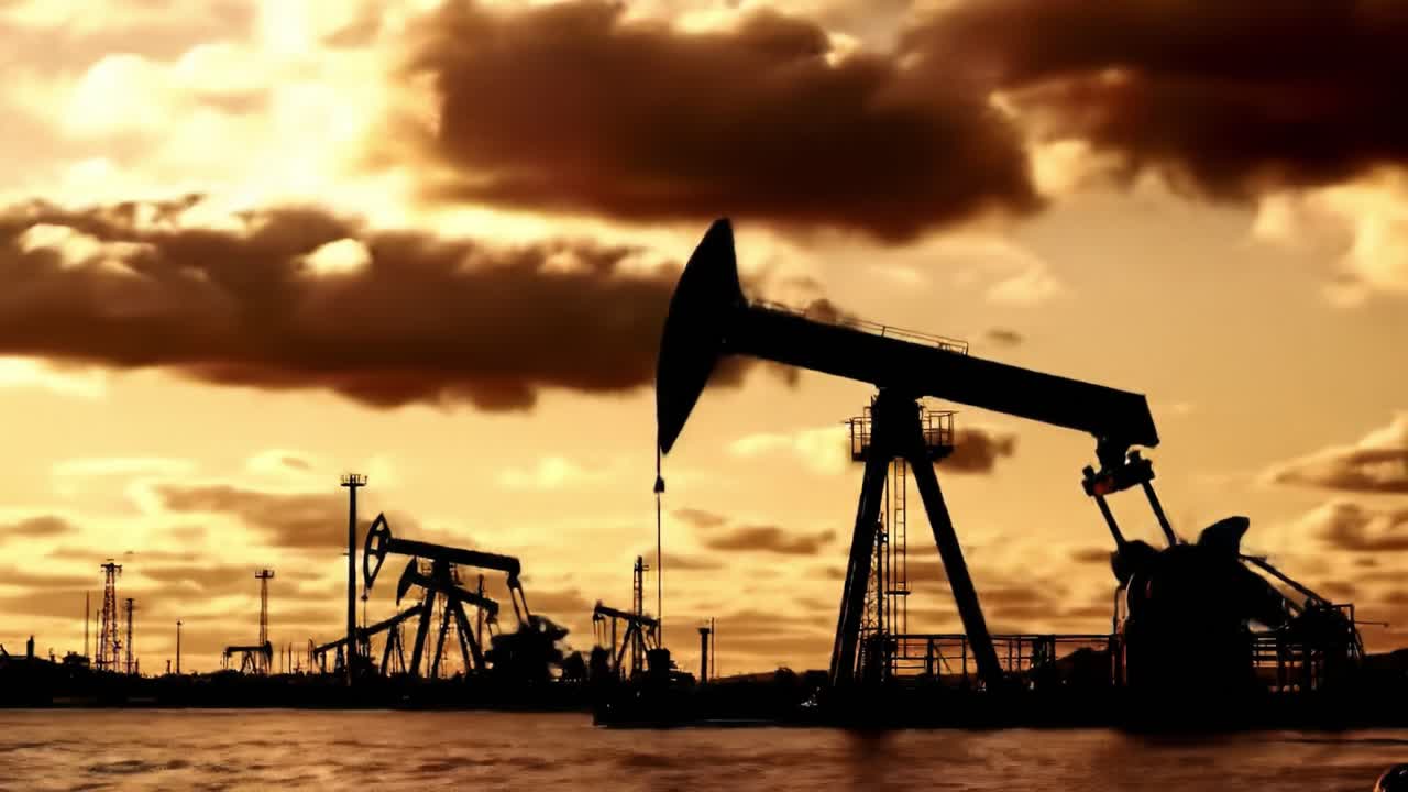 Silhouetted Oil Pump Jacks at Dusk: A Captivating View of Oil Extraction in a Serene Landscape, Highlighting the Contrast Between Industry and Nature