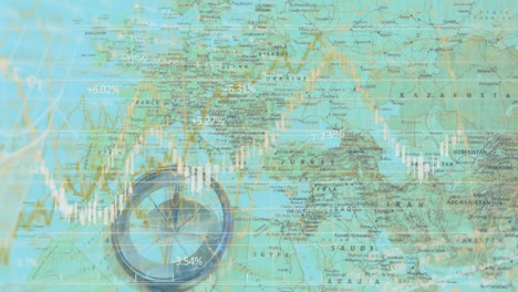 animation of graph rolling over a compass lying on a map