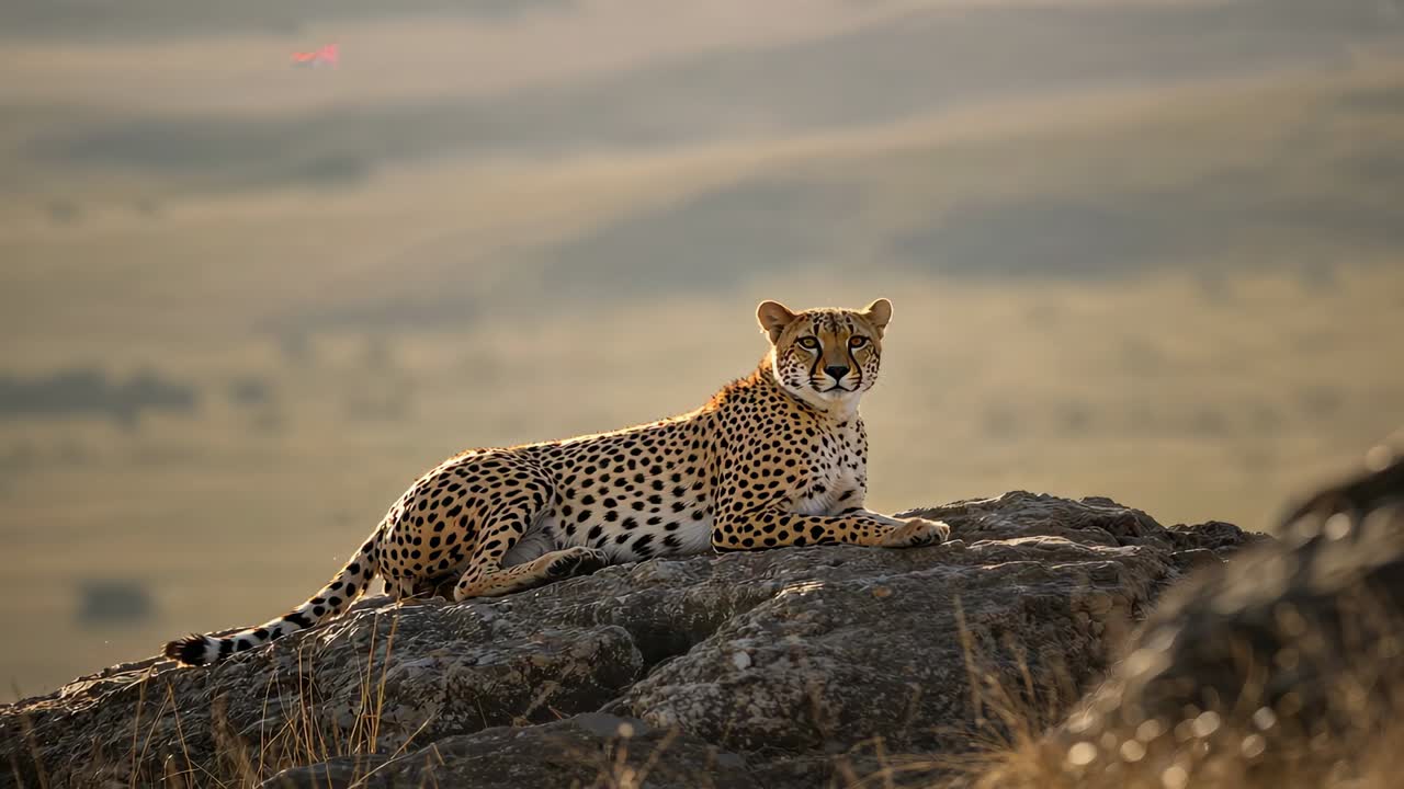 Sunlight rippling, cheetah raising head scanning horizon on rocky outcrop, dry grass tufts