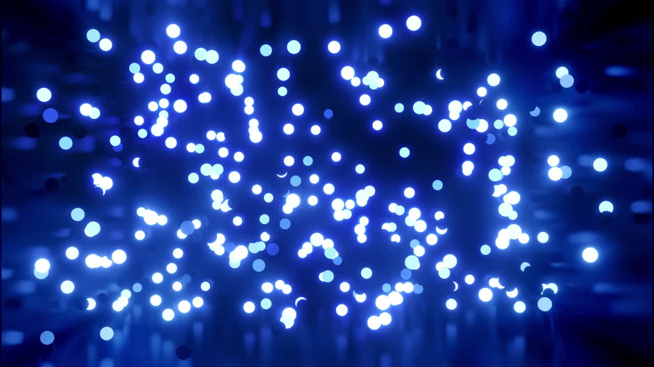 glowing blue balls flash and fly in shiny room. 4k abstract 3D background of luminous spheres in dark shiny camera. Beautiful motion background in a color tone. Bulbs light up and go out randomly.