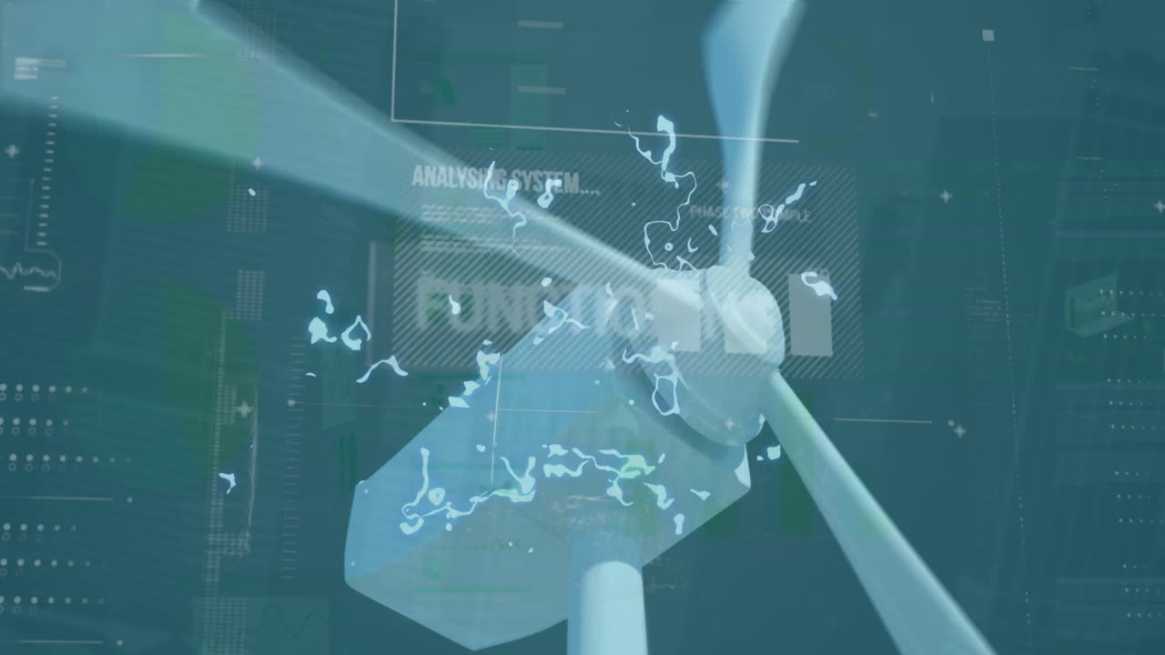 회전하는 풍차의 클로즈업에 대한 데이터 처리와의 인터페이스의 애니메이션