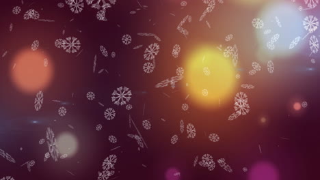 animación digital de copos de nieve cayendo contra manchas de luz coloridas sobre un fondo púrpura