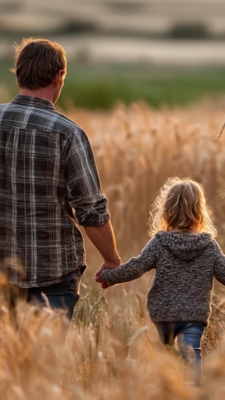 Un momento commovente: un genitore e un figlio che camminano mano nella mano attraverso un campo di grano dorato, abbracciando la bellezza della natura e l'un l'altro, creando ricordi indelebili