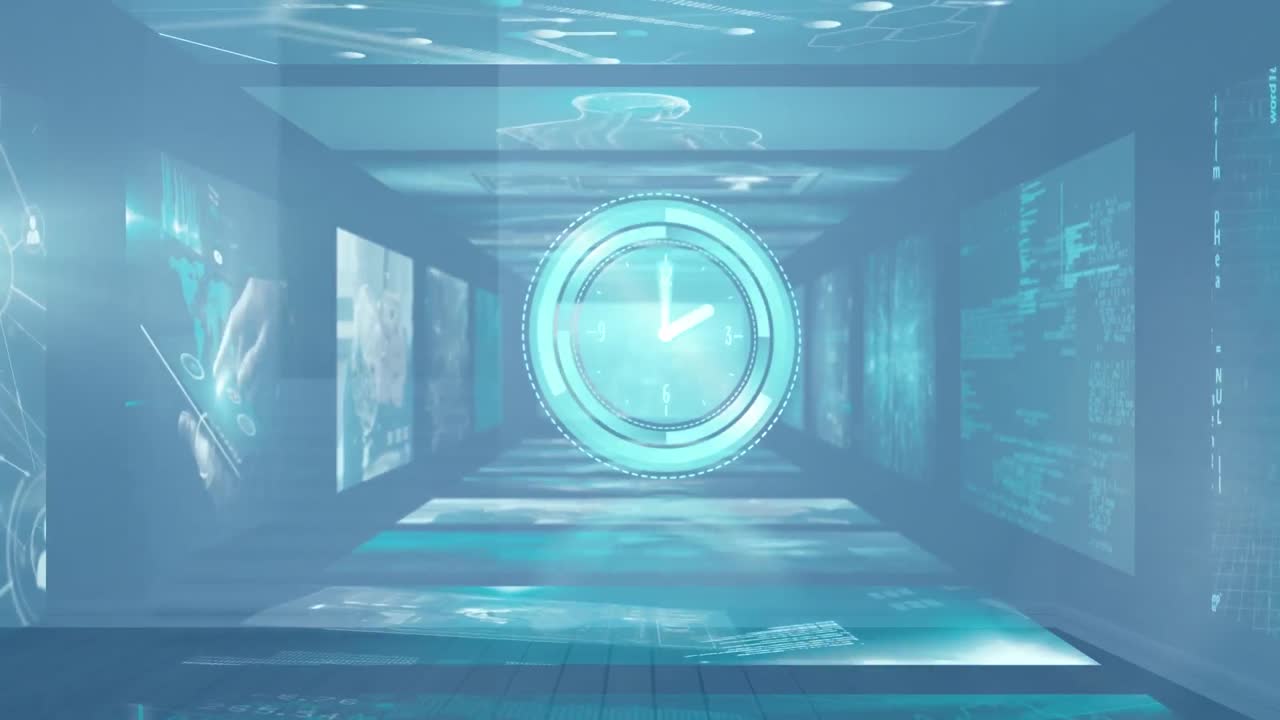 움직이는 시계의 애니메이션과 배경의 화면에서 다양한 데이터 처리