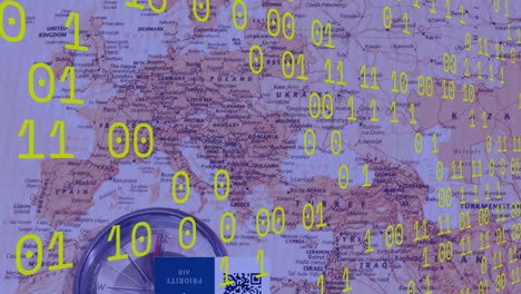 animación de codificación binaria y procesamiento de datos sobre el mapa del mundo
