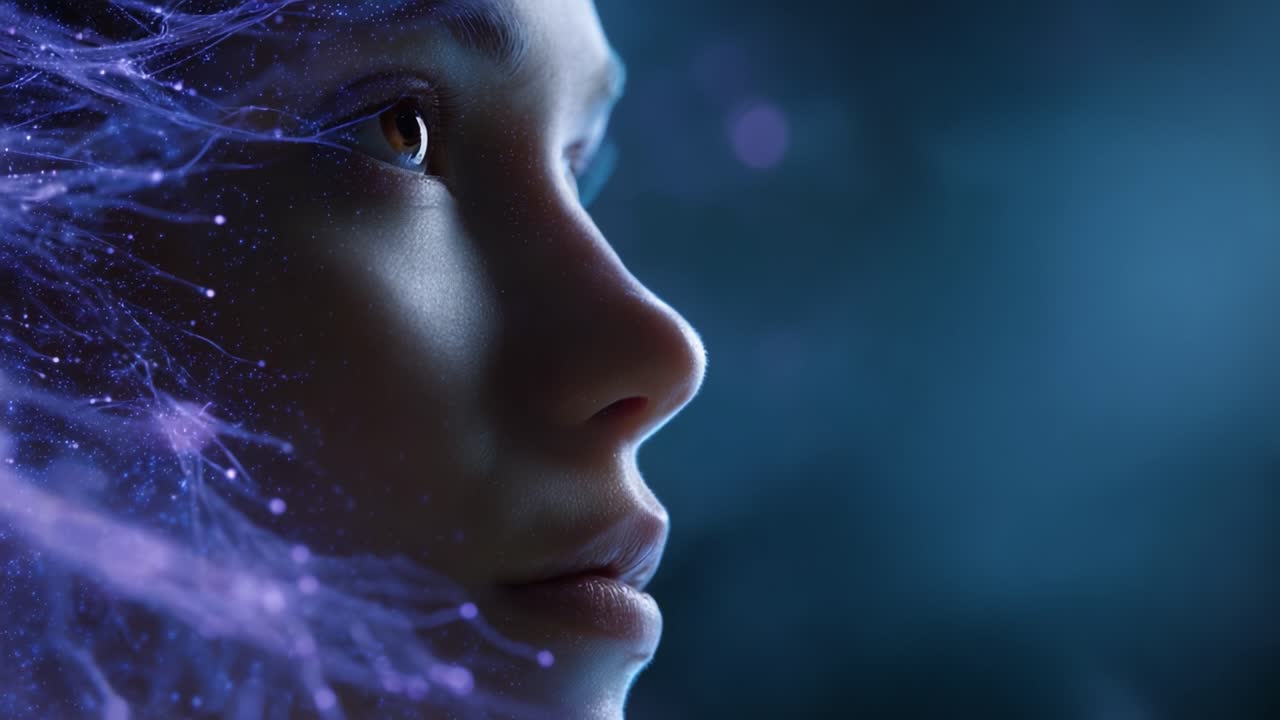 A close-up view of a woman's face surrounded by ethereal, glowing threads of light representing a cosmic connection, showcasing beauty, technology, and imagination