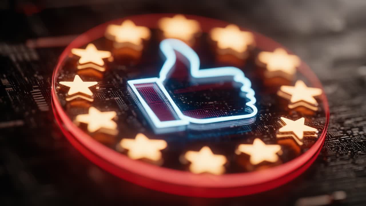Um símbolo de joinha brilhante e cativante cercado por estrelas brilhantes, representando popularidade, aprovação e feedback positivo em um contexto digital