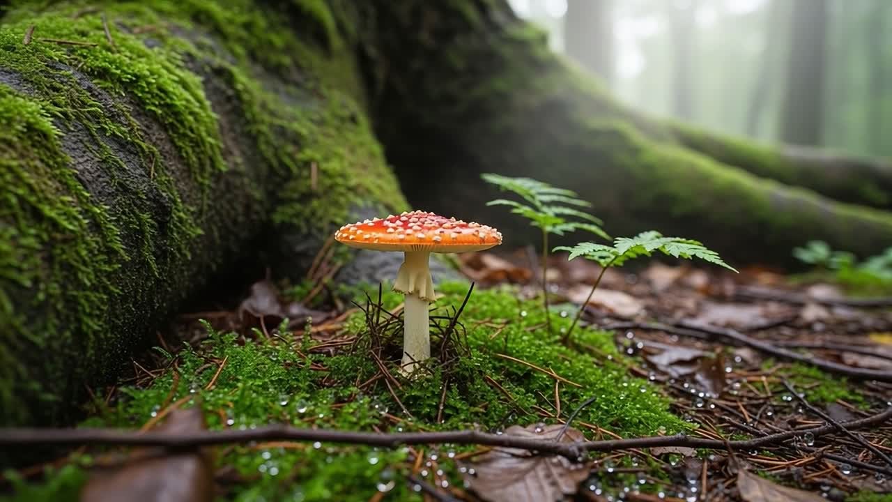A Majestic Scene of an Orange-Capped Mushroom Amidst Lush Green Moss and Enigmatic Forest Background, Capturing the Essence of Nature's Mystique