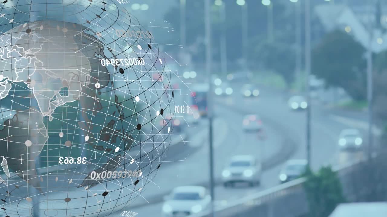 3D globe emerging from right edge rotating and expanding, displaying data over moving traffic