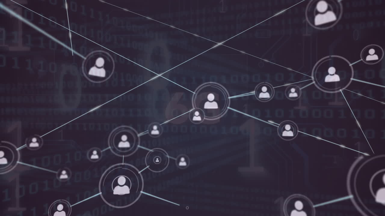 Animation of profile icons interconnecting with lines over binary numbers