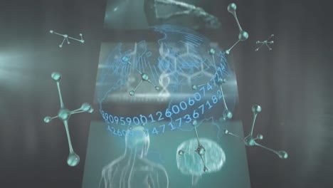 animación de moléculas que caen sobre pantallas con procesamiento de datos en fondo oscuro