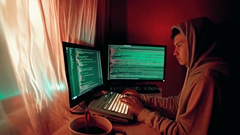 focus on programming and cybersecurity in a dimly lit room with multiple computer screens showing code and data analysis