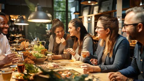 friends enjoying a lively dinner together at a cozy restaurant