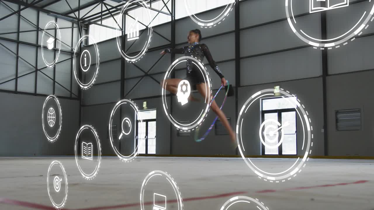 Gymnast entering gym and rotating hoop in grand jete among digital icons for gymnastics practice