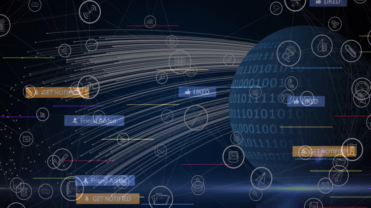 Digital animation of digital icons, globe and light trails against blue background