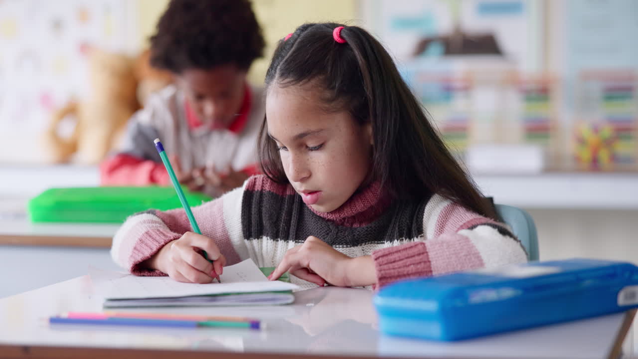 A young student studies at their desk in a classroom