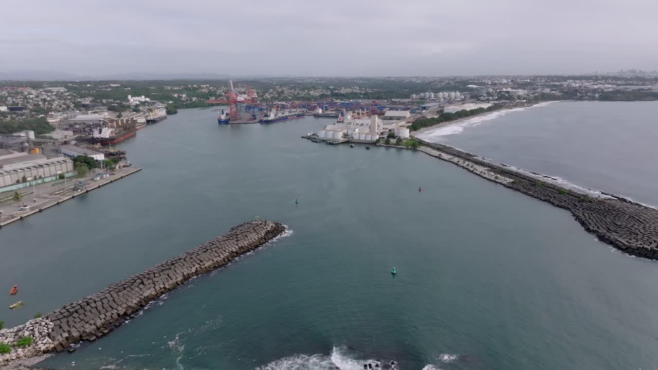 Haina Occidental Port, Haina River, Industrial Plants And Seawalls In Bajos de Haina, Dominican Republic. - aerial shot