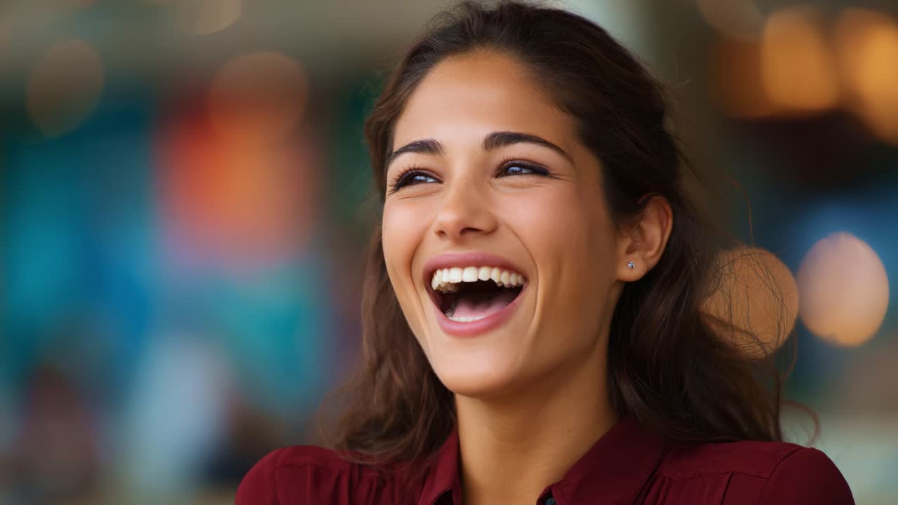 Momento de alegría: una joven expresa felicidad y risas, destacando la belleza de las emociones genuinas en un ambiente claro y luminoso